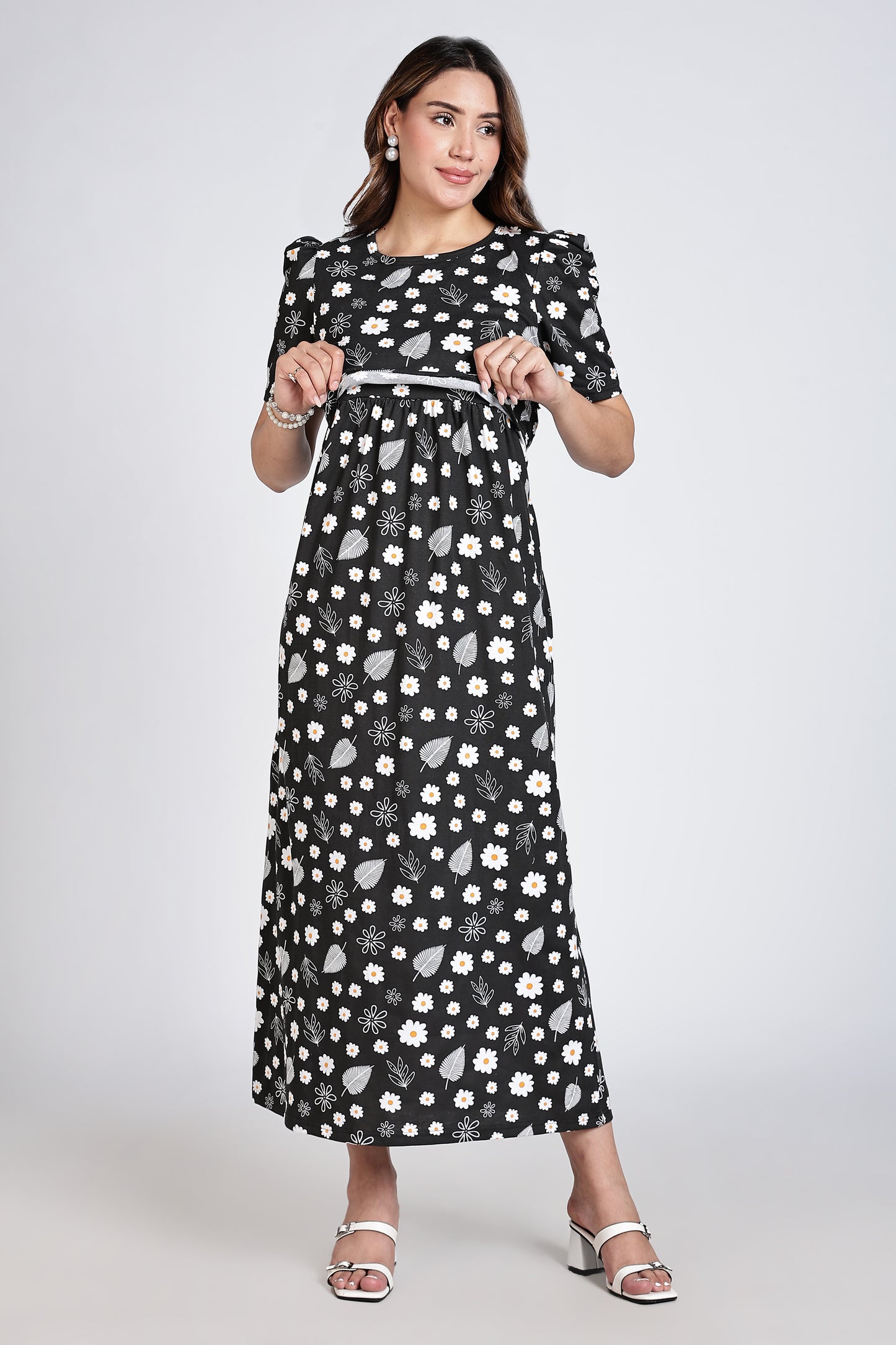 Zipless Feeding Maternity Gown- Puff sleeve 52 inches