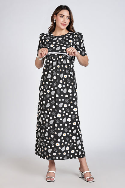 Zipless Feeding Maternity Gown- Puff sleeve 52 inches