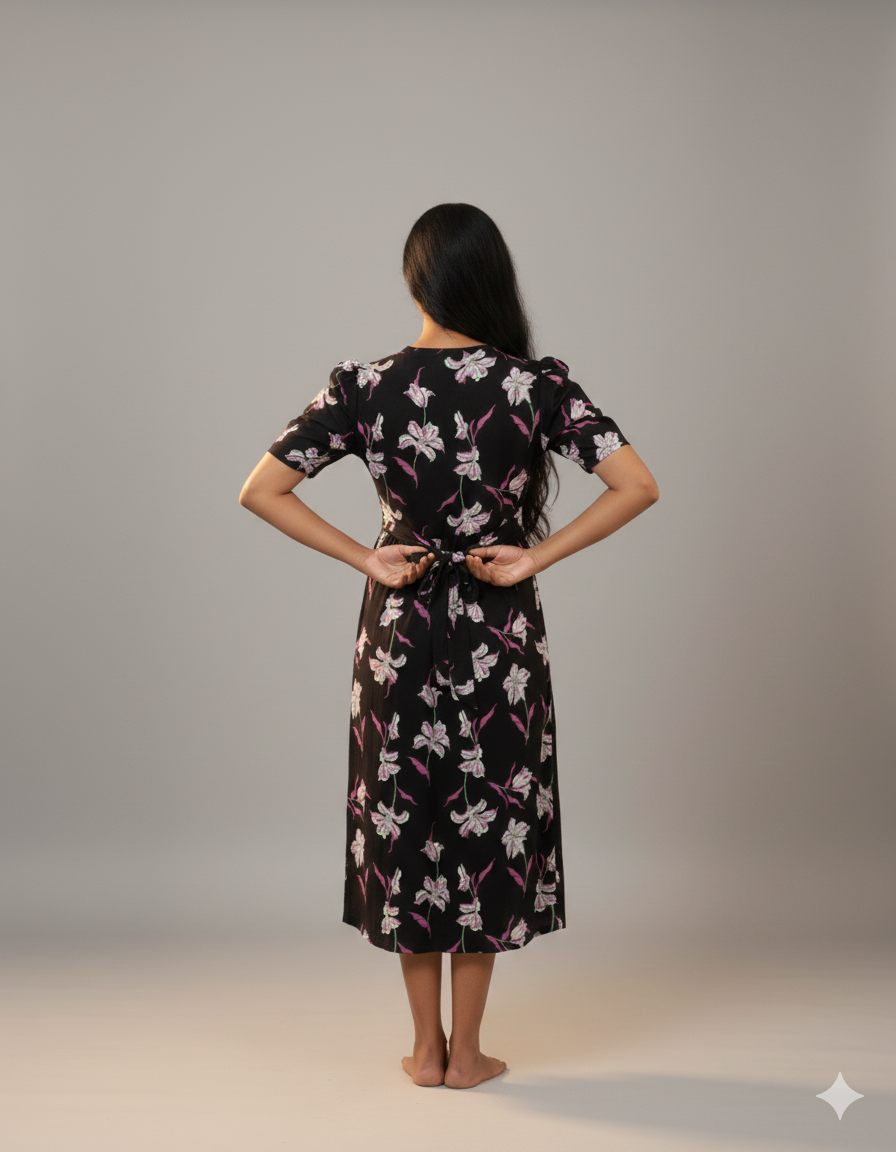 Capri Feeding Wear with Puff Sleeve Black Big floral