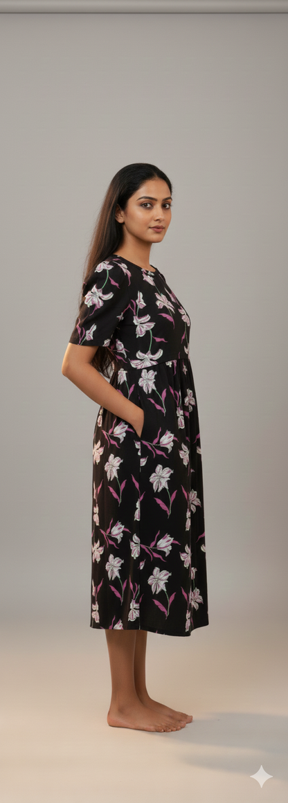 Capri Feeding Wear with Puff Sleeve Black Big floral