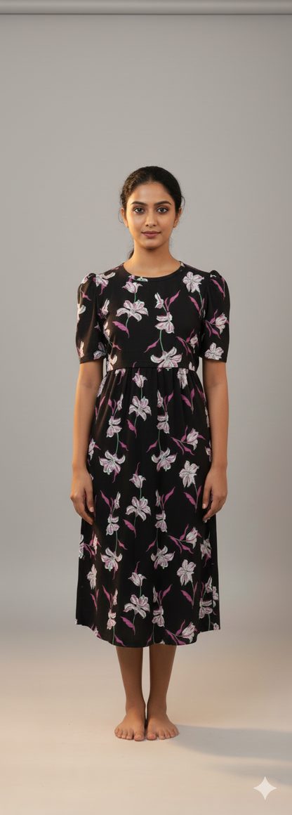 Capri Feeding Wear with Puff Sleeve Black Big floral