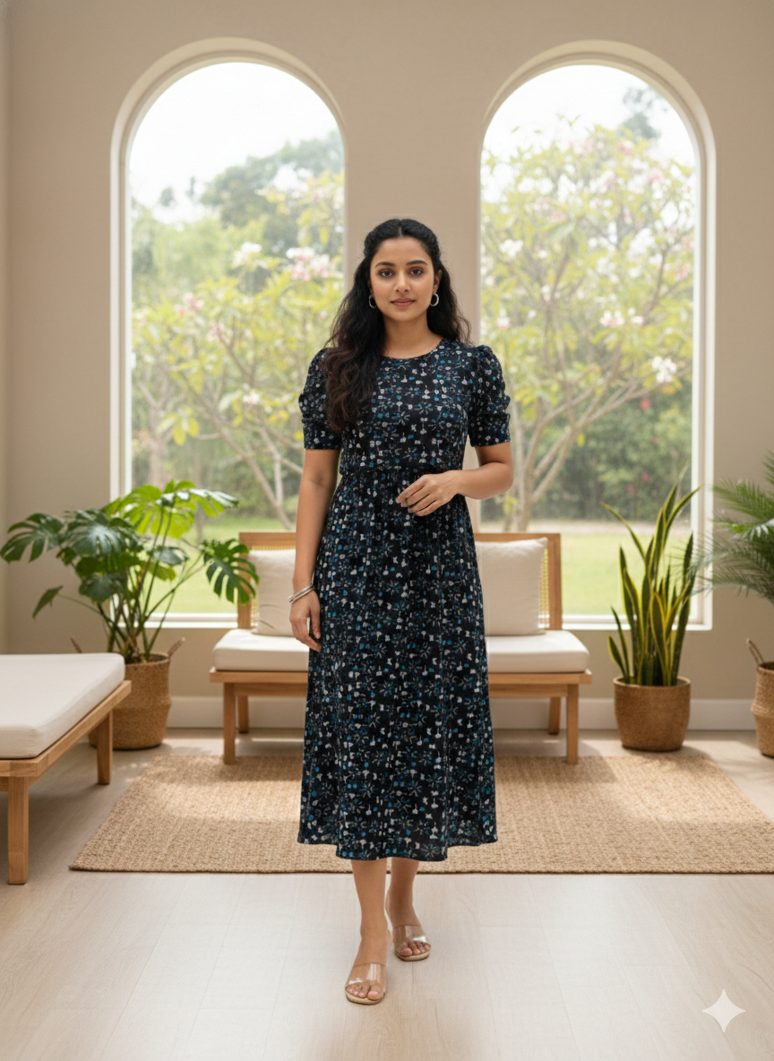 Capri Feeding Wear with Puff Sleeve Black Butterfly