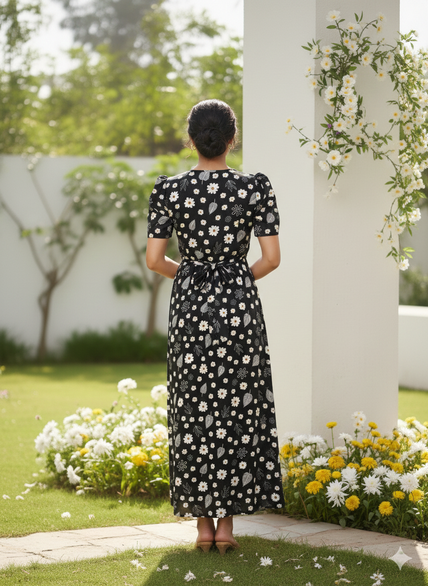 Zipless Feeding Maternity Gown Black Floral - Puff sleeve 52 inches