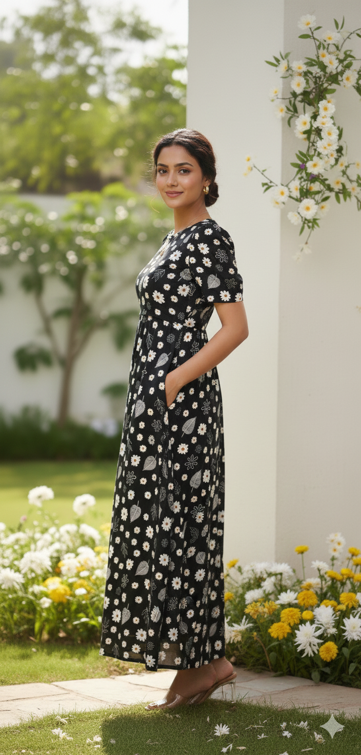 Zipless Feeding Maternity Gown Black Floral - Puff sleeve 52 inches