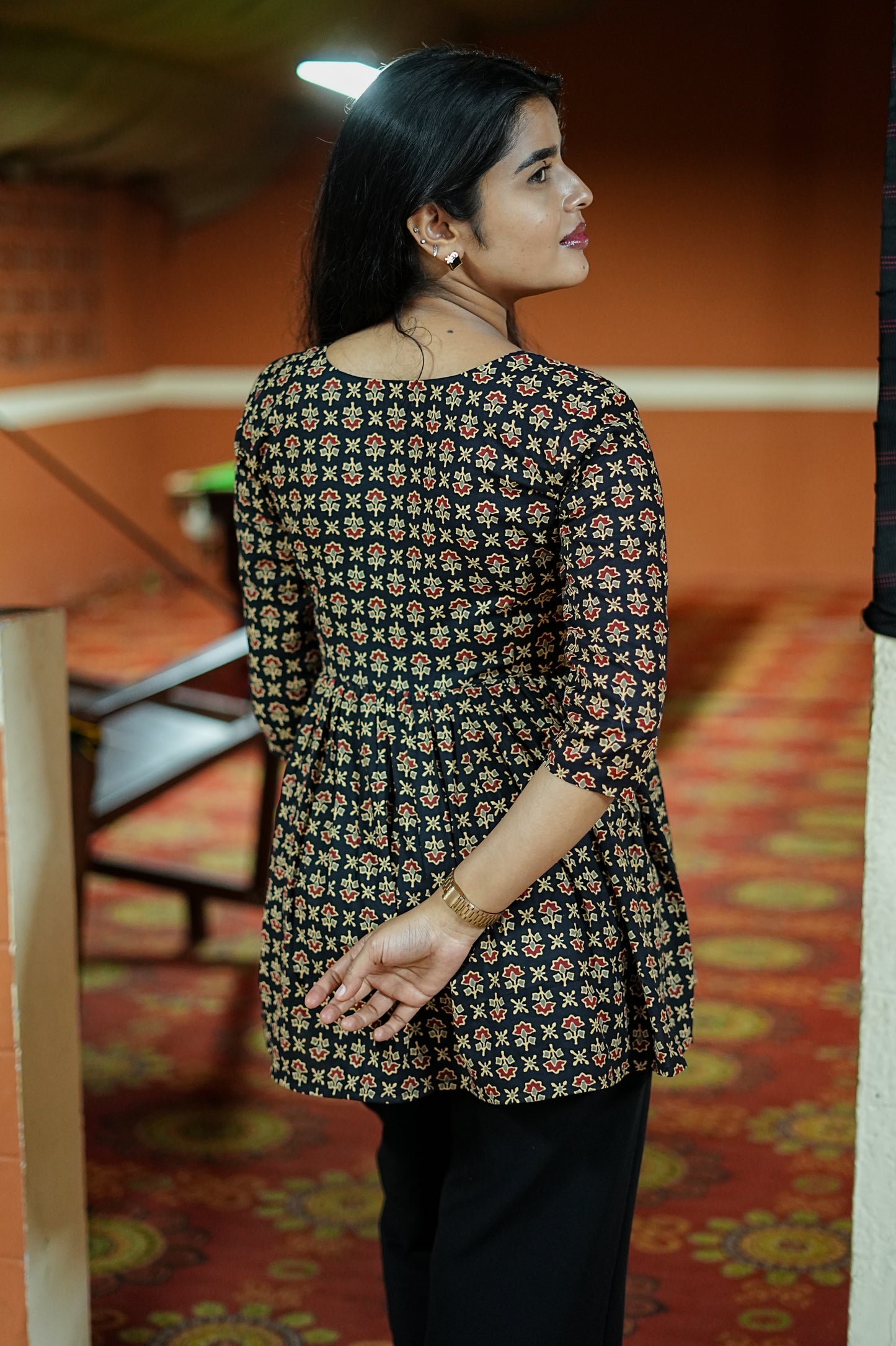 Women's Black Petals Floral Printed Peplum Top