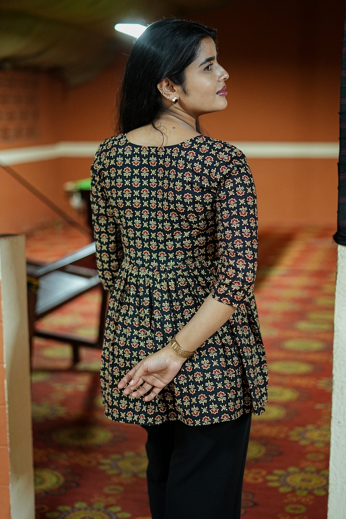 Women's Black Petals Floral Printed Peplum Top | I-001