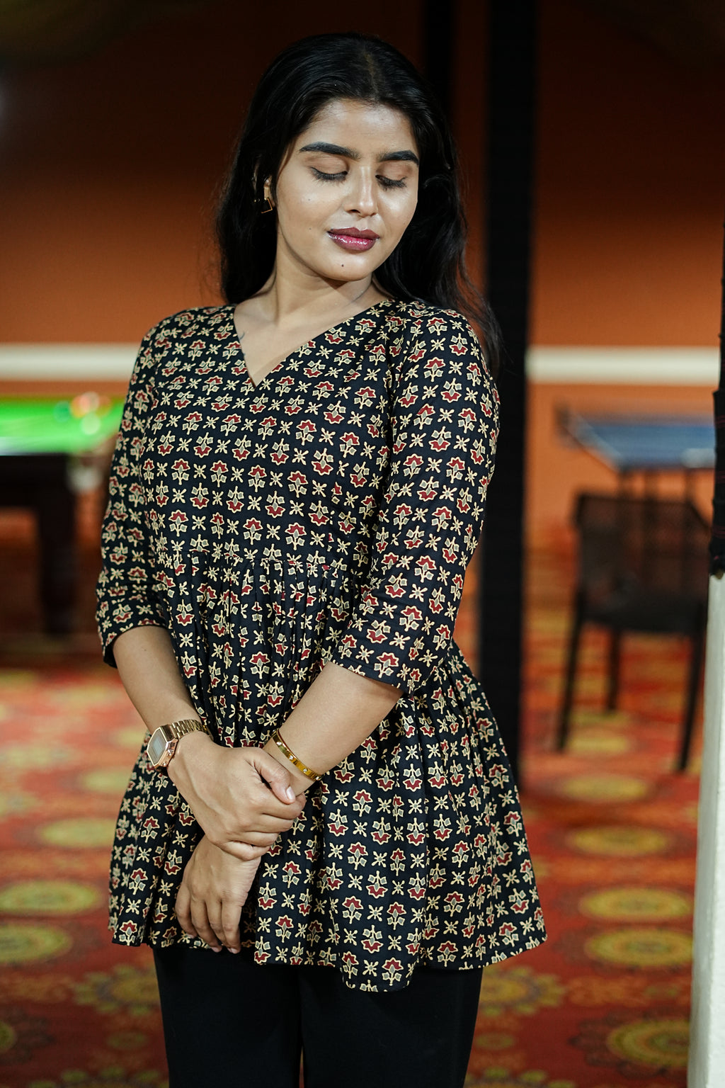 Women's Black Petals Floral Printed Peplum Top | I-001