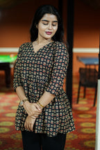 Women's Black Petals Floral Printed Peplum Top | I-001