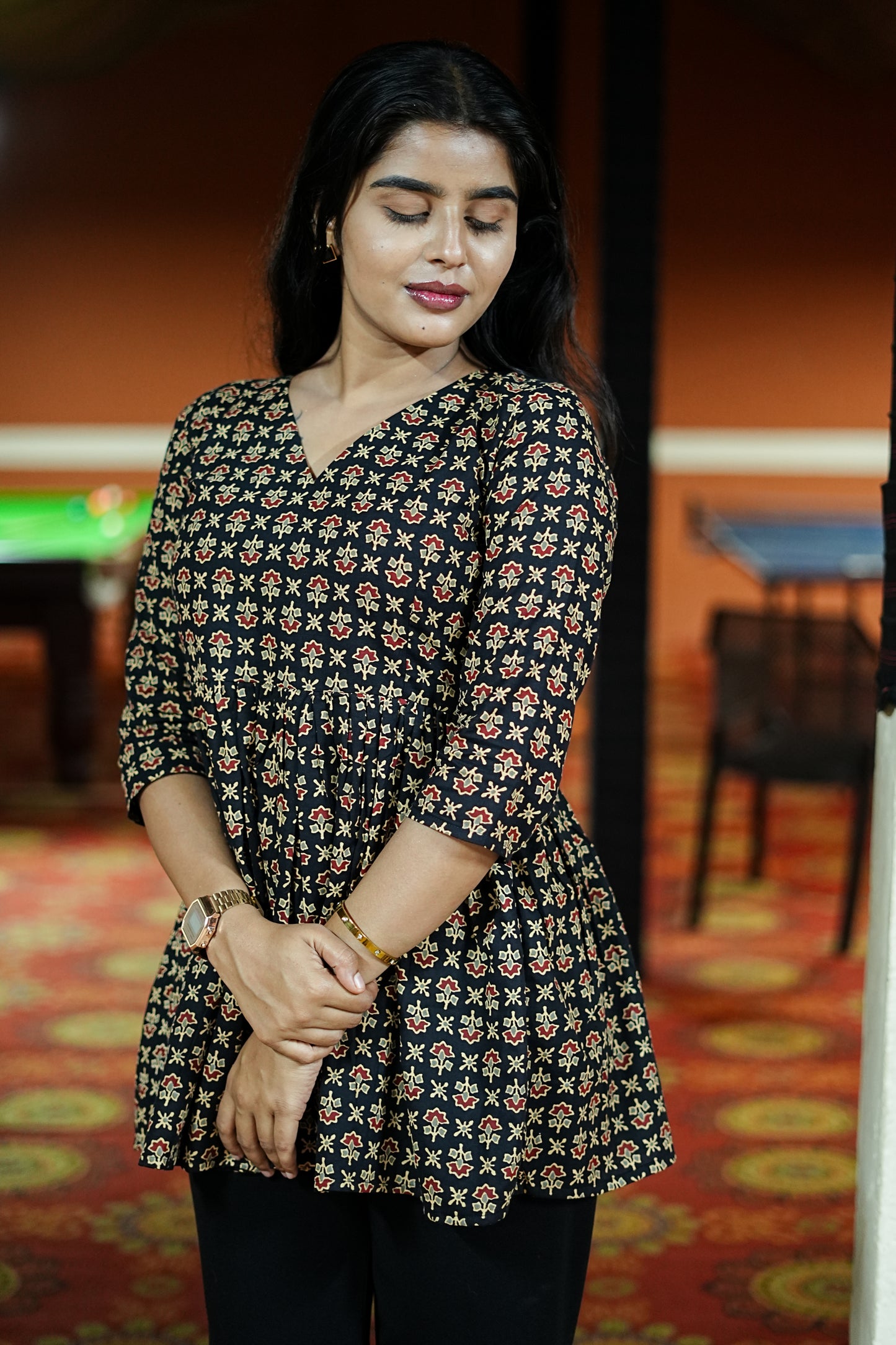 Women's Black Petals Floral Printed Peplum Top