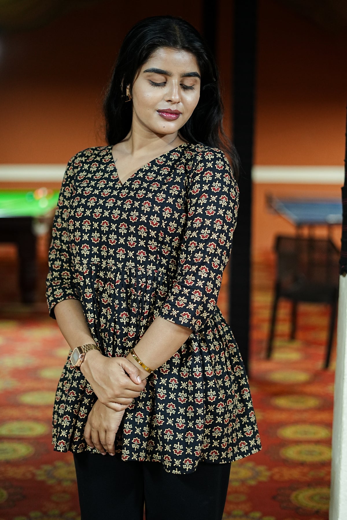 Women's Black Petals Floral Printed Peplum Top | I-001
