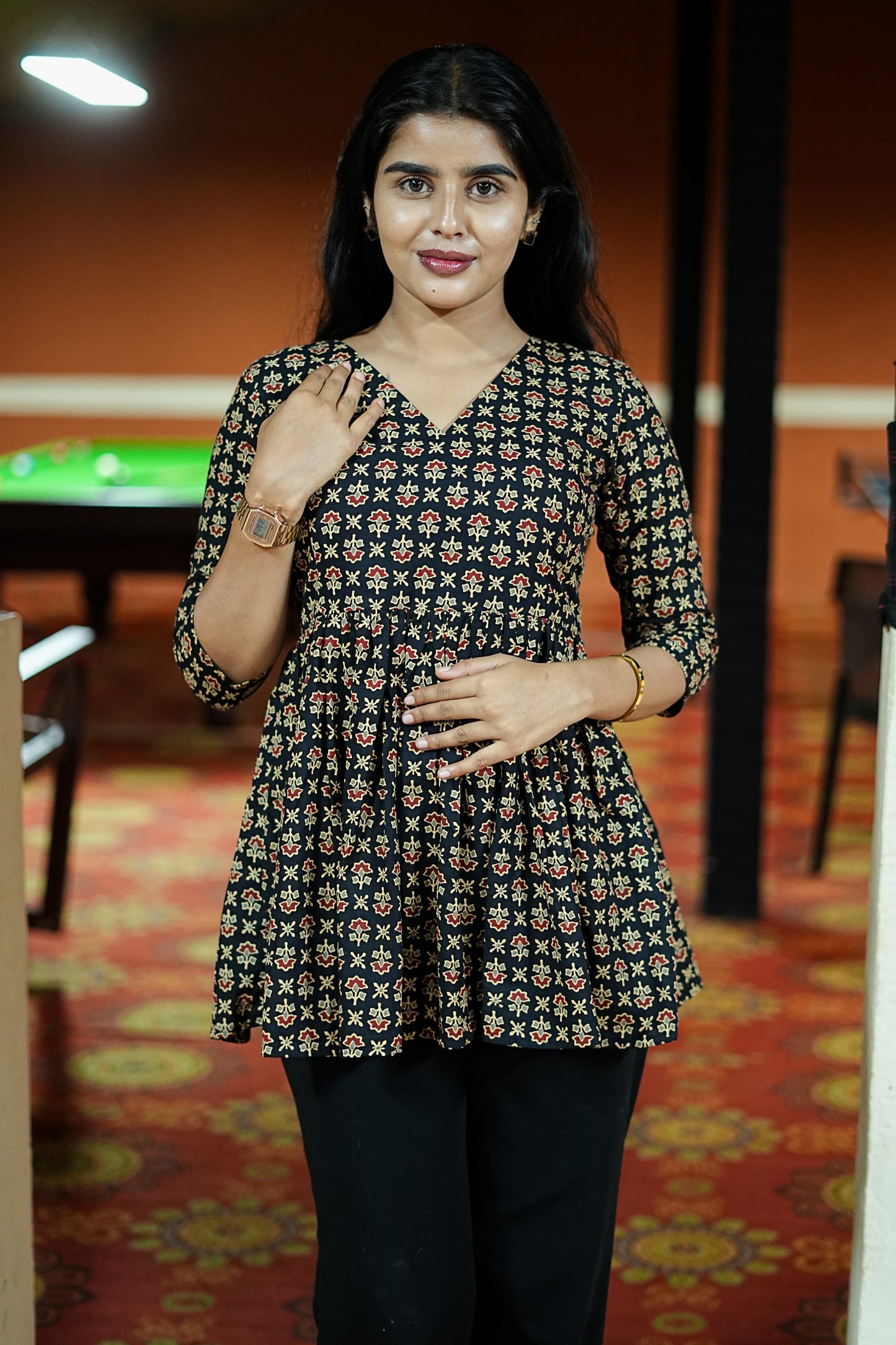 Women's Black Petals Floral Printed Peplum Top