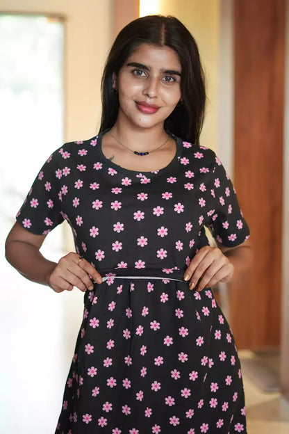 Zipless Feeding Maternity Wear without Puff Sleeve Black Pink