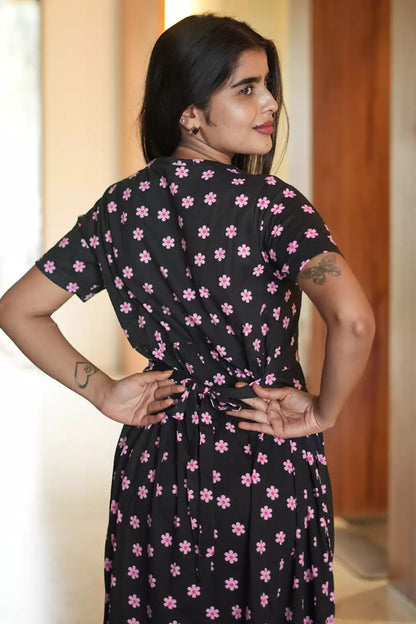 Zipless Feeding Maternity Wear without Puff Sleeve Black Pink