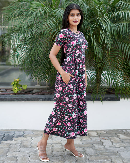 Women’s Printed White Yellow Floral &Black pink Floral Maxi Dress Combo