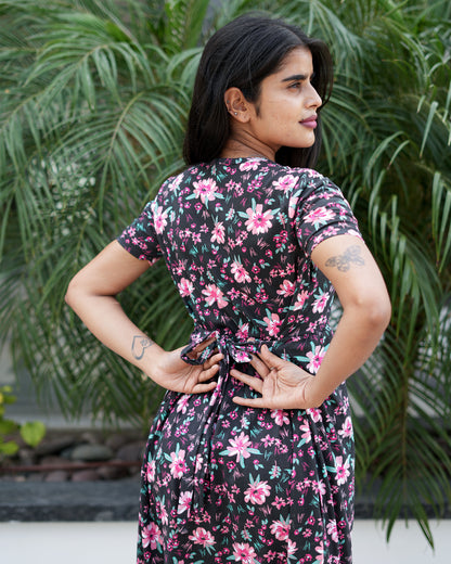 Women’s Printed White Yellow Floral &Black pink Floral Maxi Dress Combo