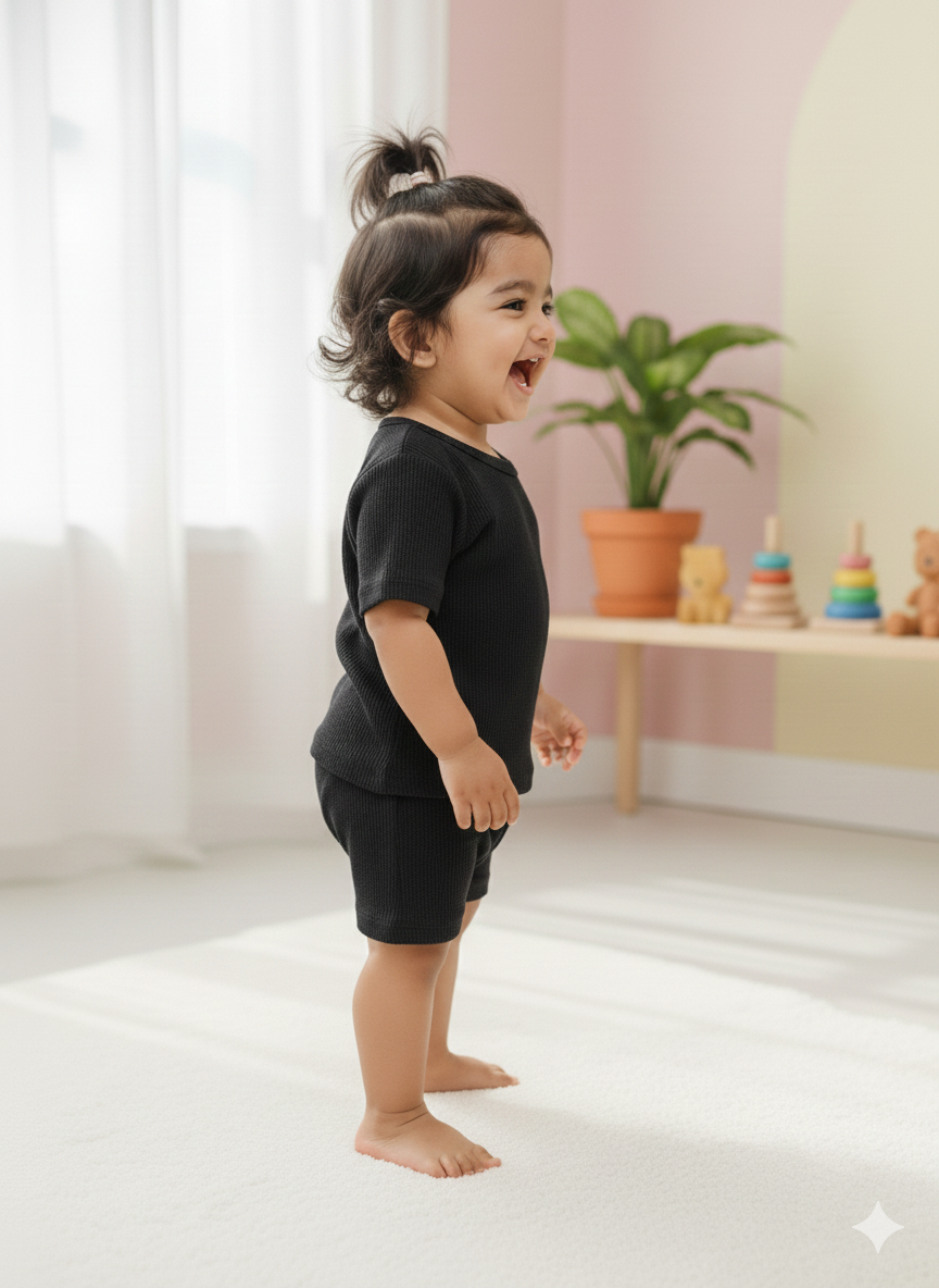 Black Plain Waffle cozy Baby Playtime Lounge Set