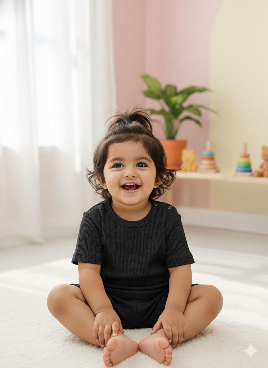 Black Plain Waffle cozy Baby Playtime Lounge Set