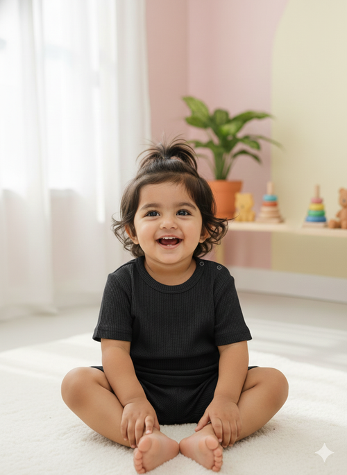 Black Plain Waffle cozy Baby Playtime Lounge Set