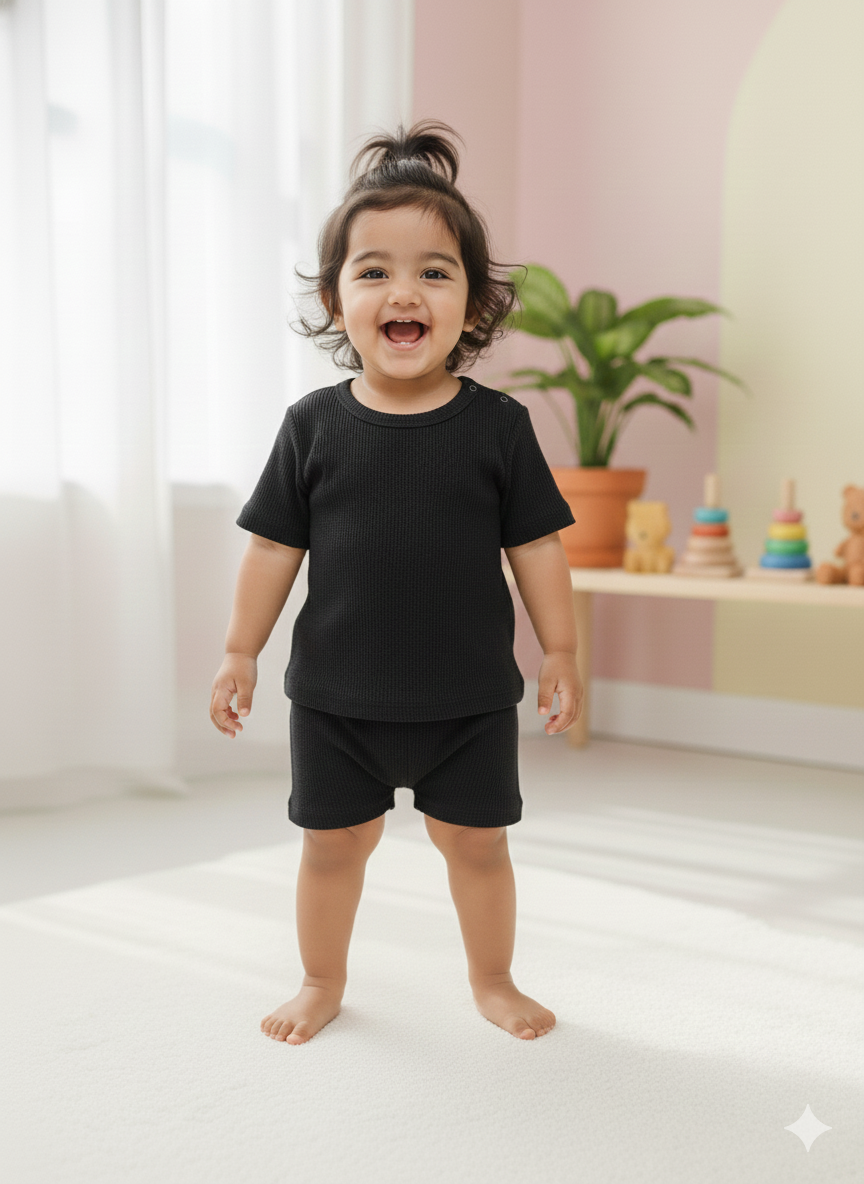Black Plain Waffle cozy Baby Playtime Lounge Set