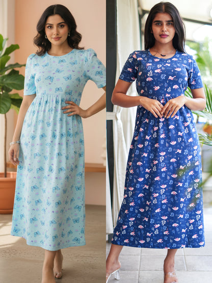 Blue Butterfly & Navy Bird Printed Maxi Dress Combo for Women