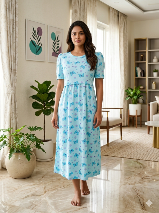 Capri Feeding Wear with Puff Sleeve Blue Butterfly