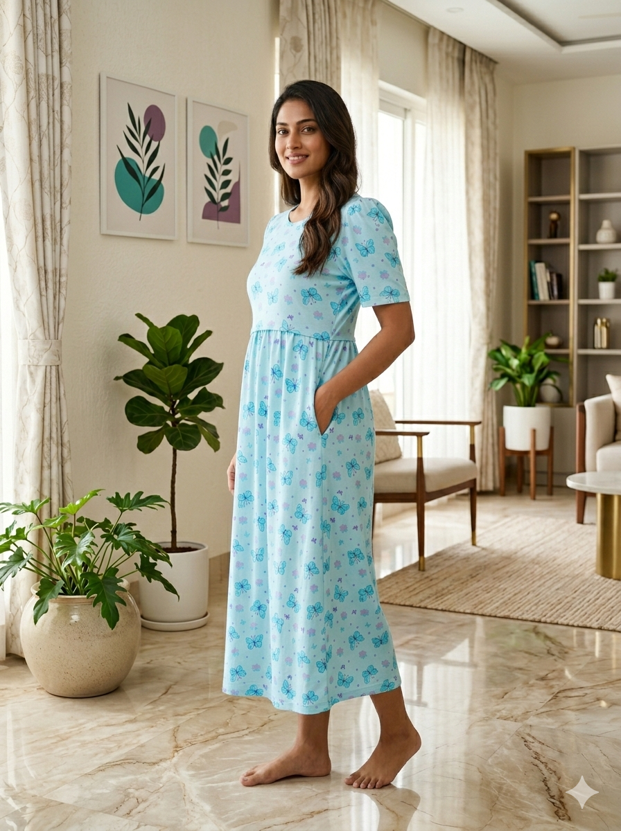 Capri Feeding Wear with Puff Sleeve Blue Butterfly