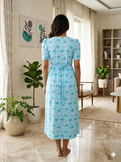 Capri Feeding Wear with Puff Sleeve Blue Butterfly