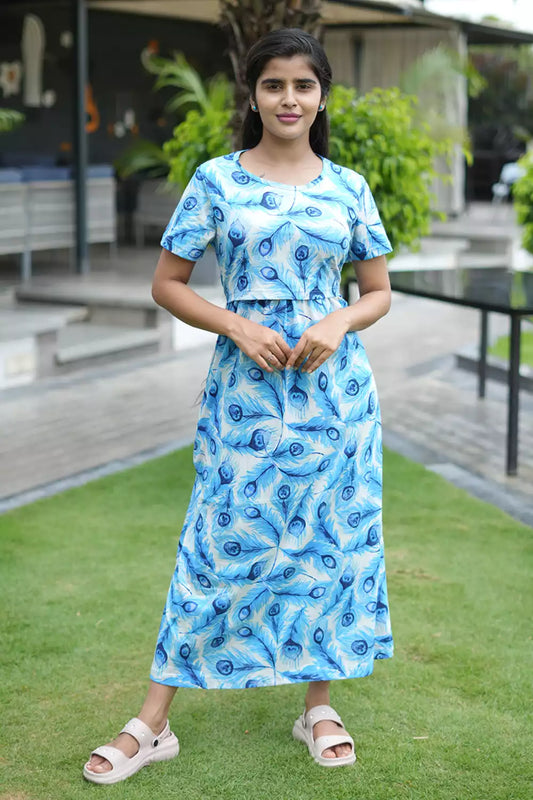 Zipless Feeding Maternity Wear without Puff Sleeve Blue Feather