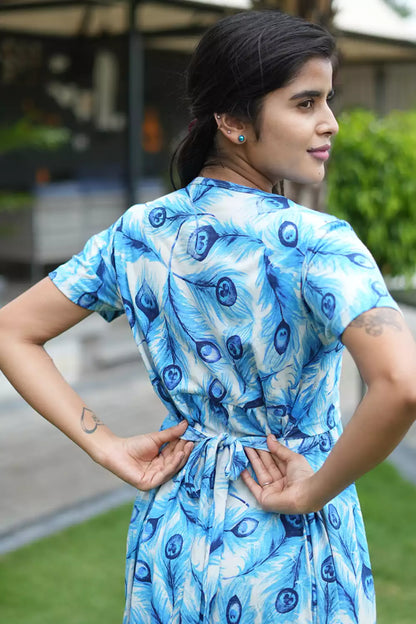 Zipless Feeding Maternity Wear without Puff Sleeve Blue Feather