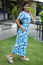 Zipless Feeding Maternity Wear without Puff Sleeve Blue Feather