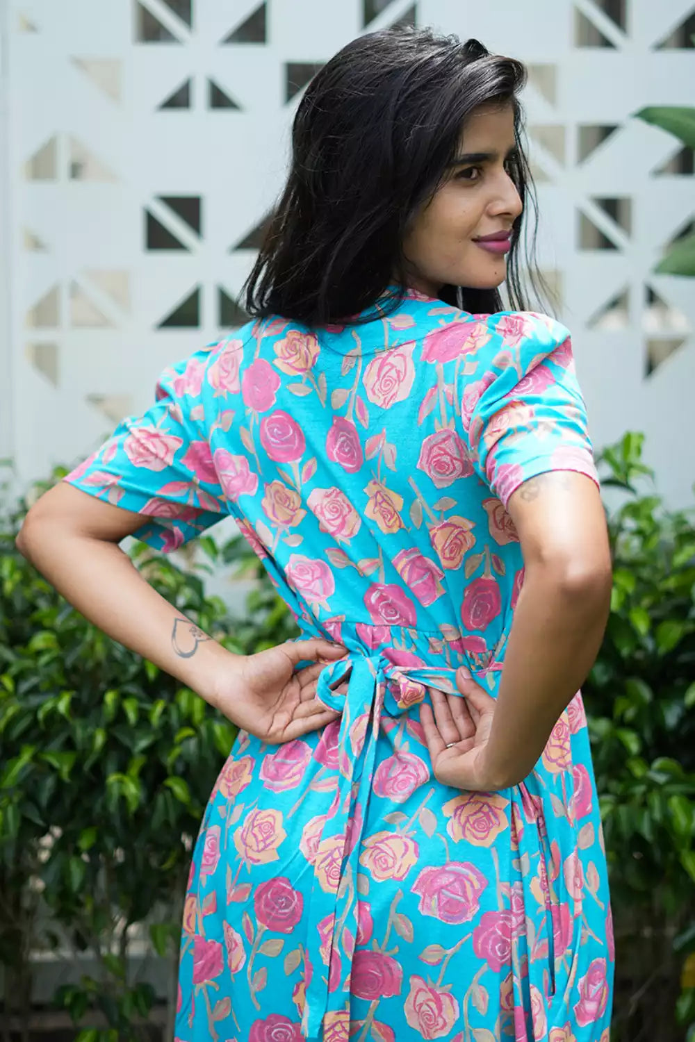 Zipless Feeding Maternity Wear with Puff Sleeve Blue Rose