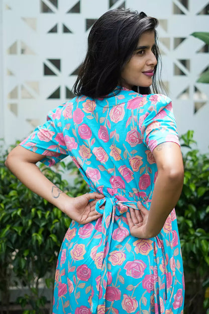 Zipless Feeding Maternity Wear with Puff Sleeve Blue Rose