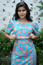 Zipless Feeding Maternity Wear with Puff Sleeve Blue Rose