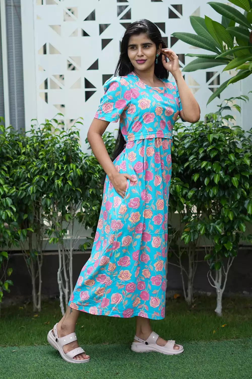 Zipless Feeding Maternity Wear with Puff Sleeve Blue Rose