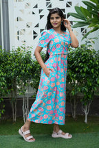 Zipless Feeding Maternity Wear with Puff Sleeve Blue Rose