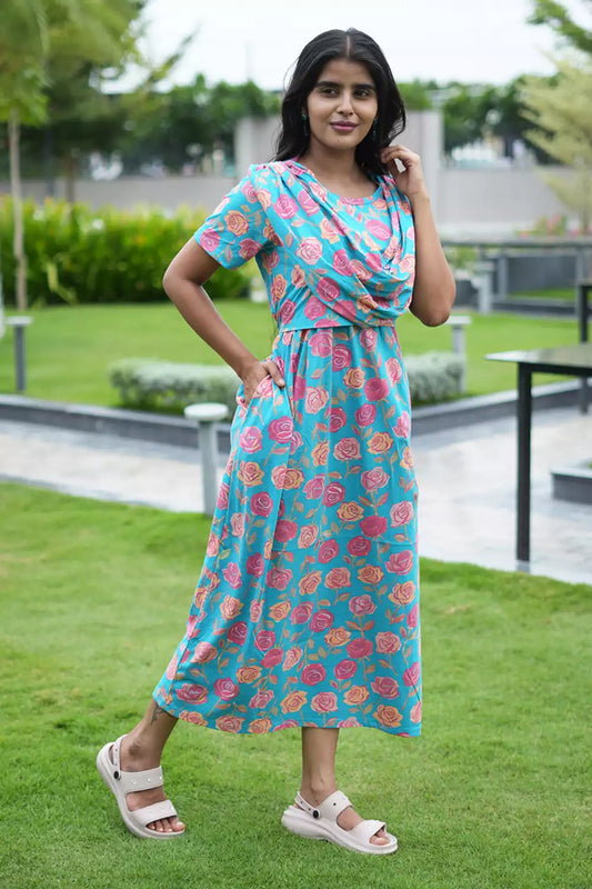 Zipless Maternity Wear Feeding with Shawl Blue Rose