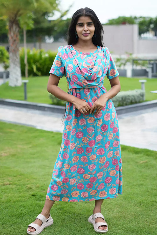 Zipless Maternity Wear Feeding with Shawl Blue Rose