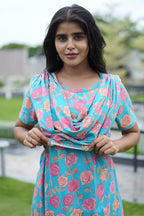 Zipless Maternity Wear Feeding with Shawl Blue Rose