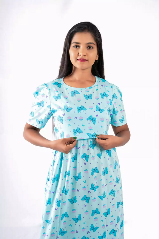 Capri Feeding Wear with Puff Sleeve Blue Butterfly
