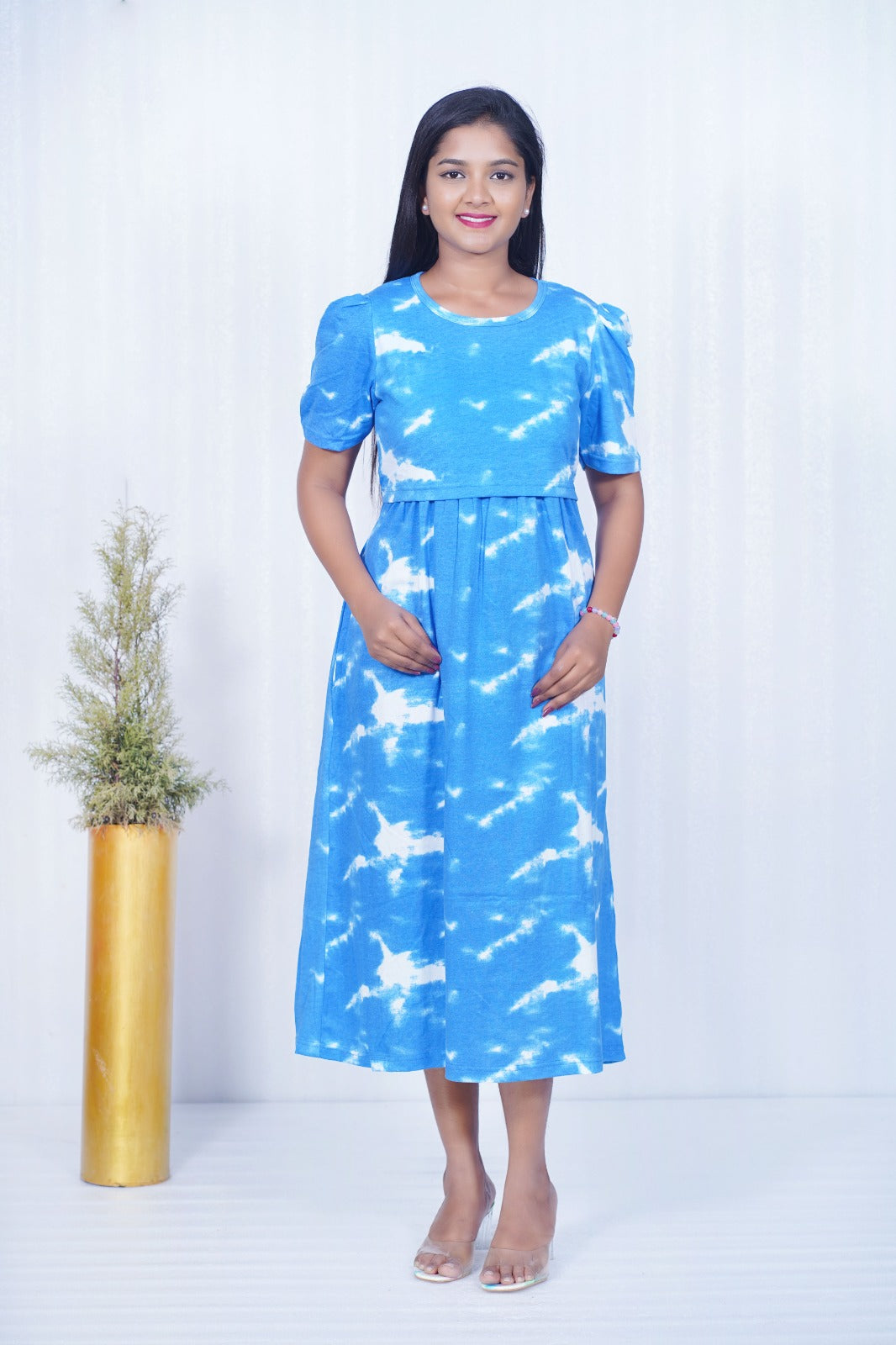 Capri Feeding Wear with Puff Sleeve Blue Dyed
