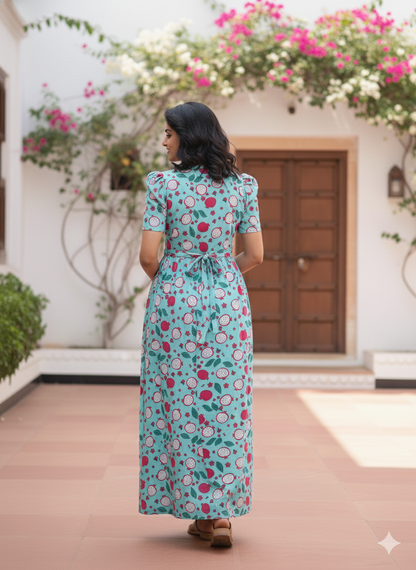 Zipless Feeding Maternity Gown Blue Pomegranate - Puff sleeve 52 inches