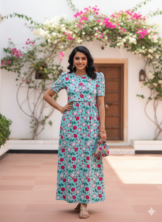 Zipless Feeding Maternity Gown Blue Pomegranate - Puff sleeve 52 inches