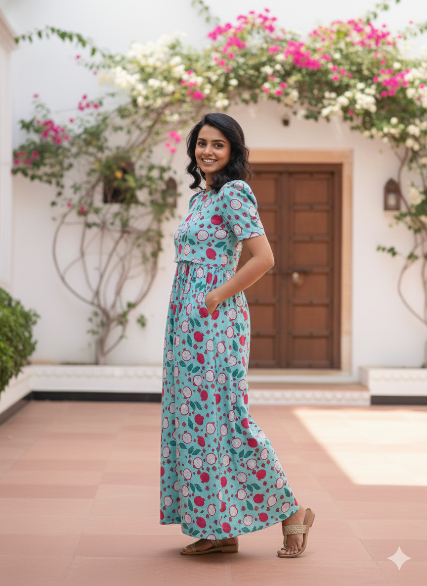 Zipless Feeding Maternity Gown Blue Pomegranate - Puff sleeve 52 inches