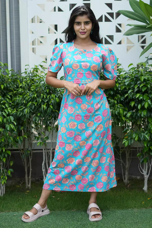Zipless Feeding Maternity Wear with Puff Sleeve Blue Rose