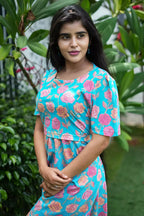 Zipless Feeding Maternity Wear with Puff Sleeve Blue Rose