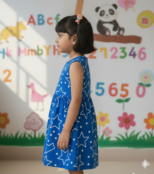 Girls Cute Printed Frocks Combo of 3 Pink Blue dye Blue Star Purple Big Heart