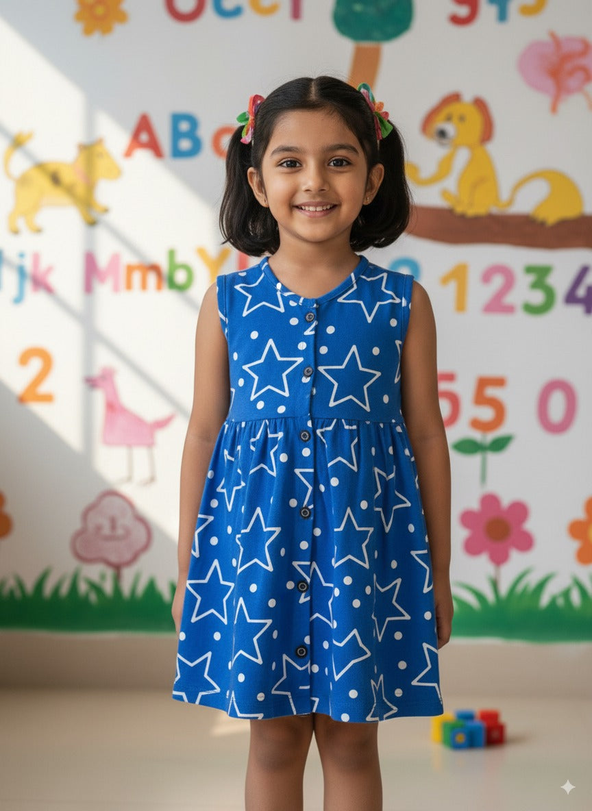 Blue White Star Printed Girls Frock