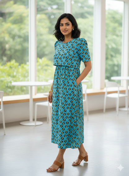 Capri Feeding Wear with Puff Sleeve Blue Waterdrop