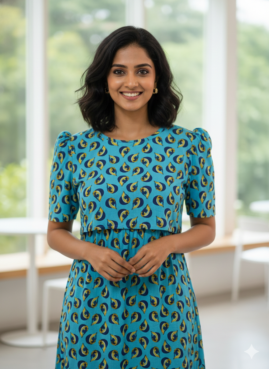 Capri Feeding Wear with Puff Sleeve Blue Waterdrop