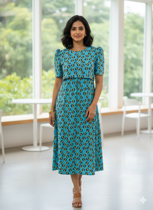 Capri Feeding Wear with Puff Sleeve Blue Waterdrop